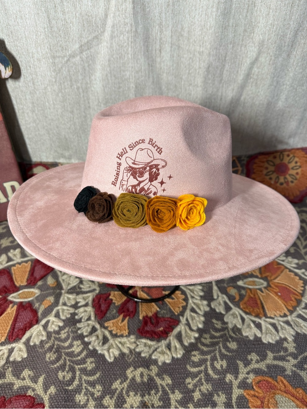 Nfr Vegas Pink Wide-Brim Felt Fedora Hat with Yellow Flower Accent